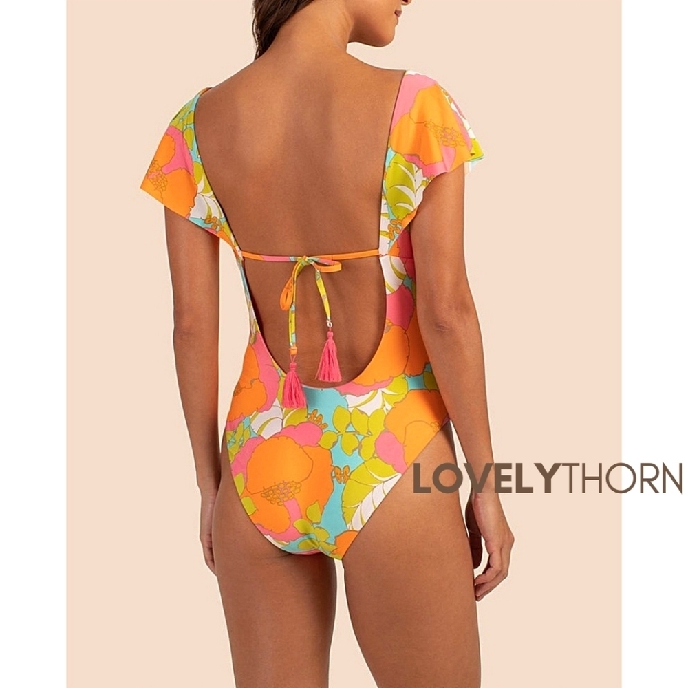TRINA TURK // ltd ed playa de flor flutter sleeve cut-out 1 piece swim/bodysuit - Picture 11 of 12